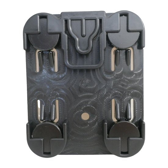 Black plastic klick fast bracket with central top socket showing 4 round magnet on a white background